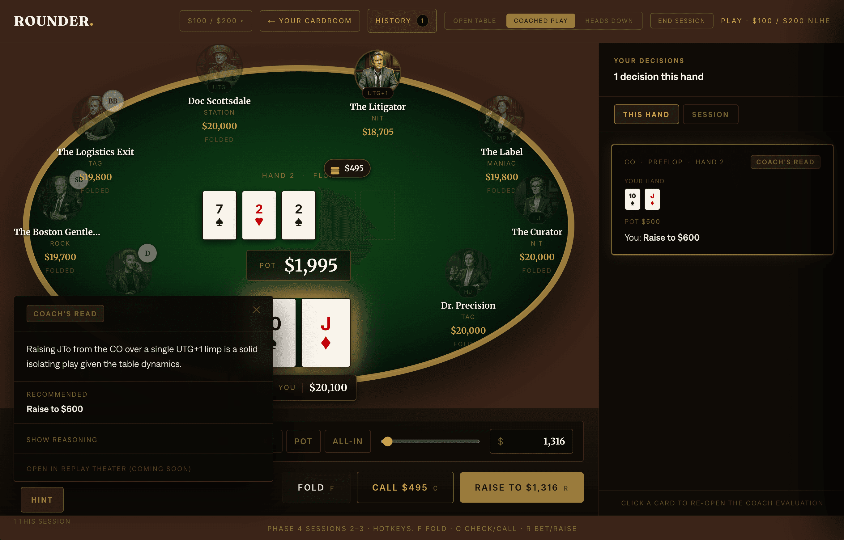 Coached play mid-hand showing the coach's read, decision history, and action buttons