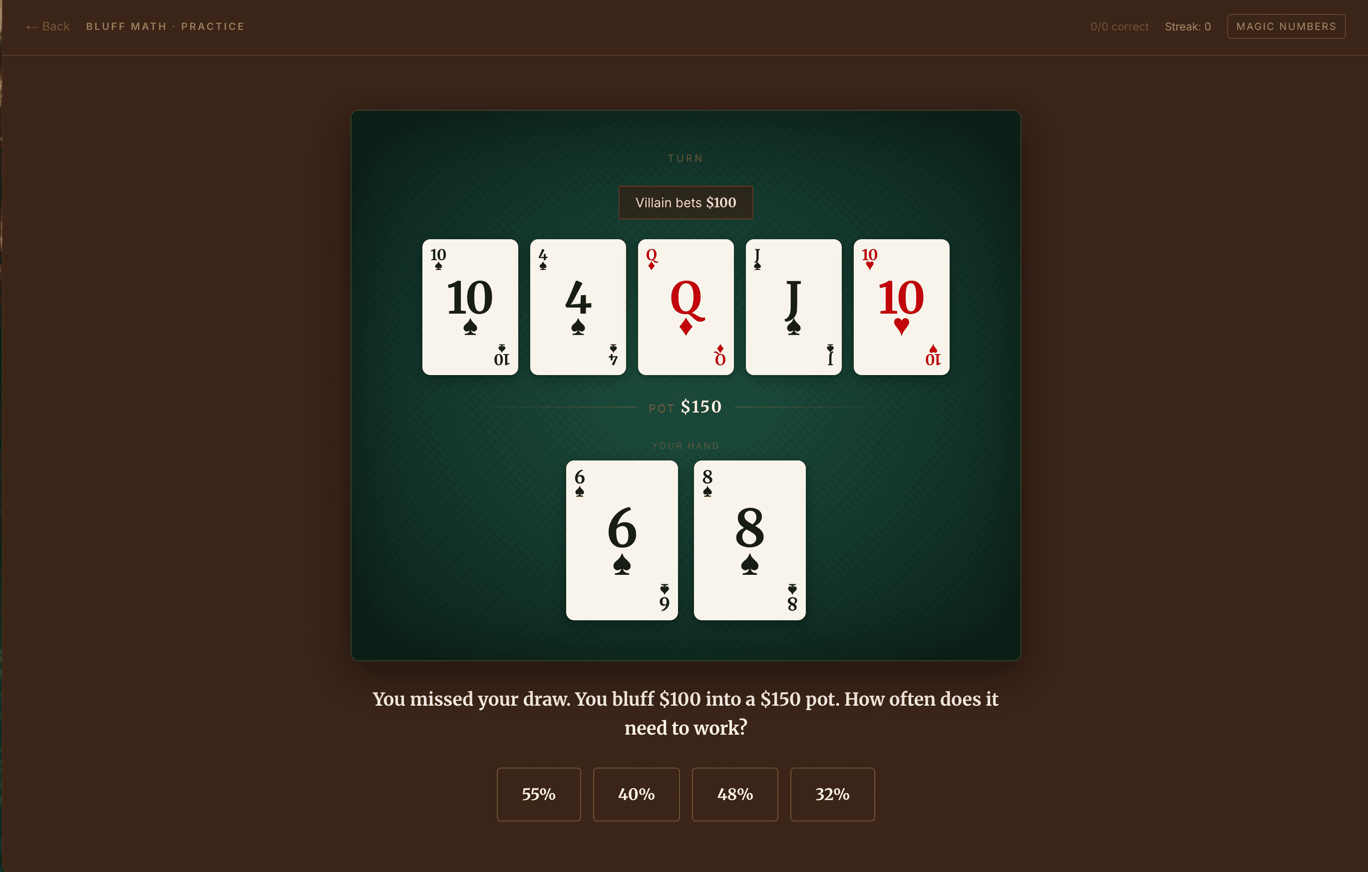 Bluff math drill showing board cards, hand, and multiple choice answers