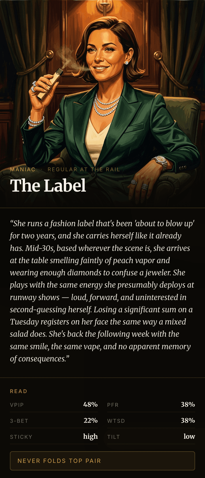 A villain profile card showing The Label — a fashion executive with detailed playing stats