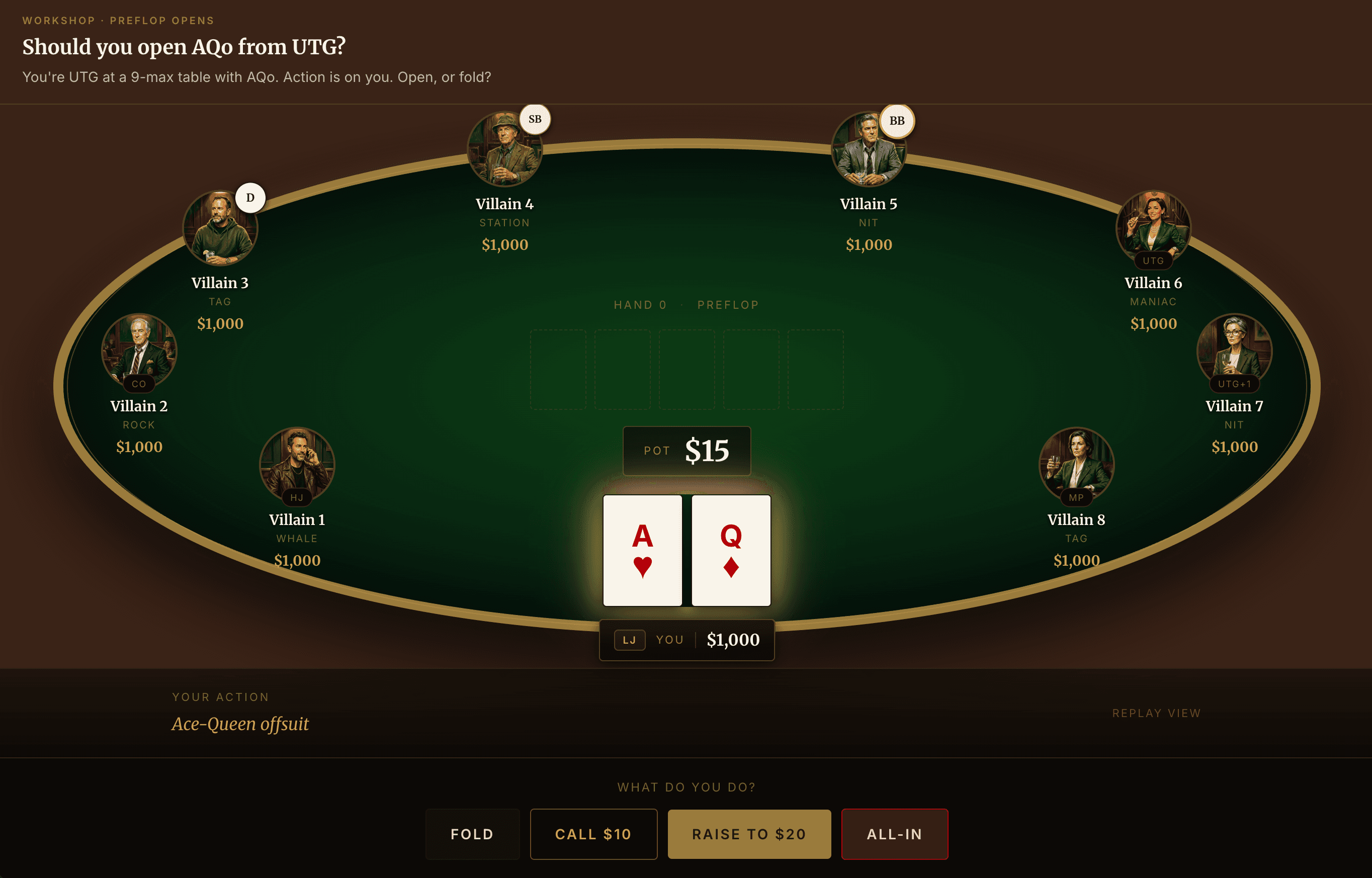 Workshop problem asking whether to open AQo from UTG at a 9-max table